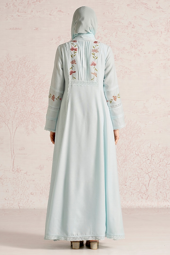 Ice Blue Linen Blend Floral Printed & Thread Embroidered Abaya Jacket Cocktail Dress by Kaveri at Pernia's Pop Up Shop