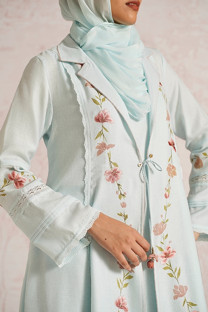 Ice Blue Linen Blend Floral Printed & Thread Embroidered Abaya Jacket Cocktail Dress by Kaveri at Pernia's Pop Up Shop
