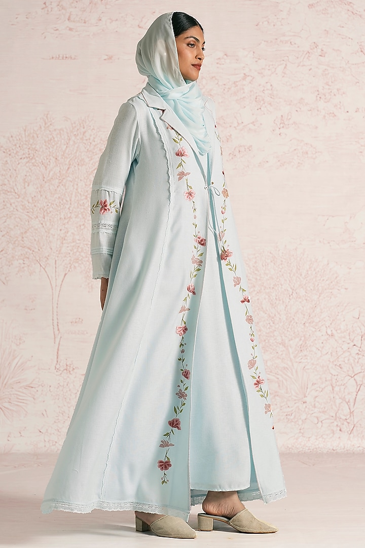 Ice Blue Linen Blend Floral Printed & Thread Embroidered Abaya Jacket Cocktail Dress by Kaveri at Pernia's Pop Up Shop