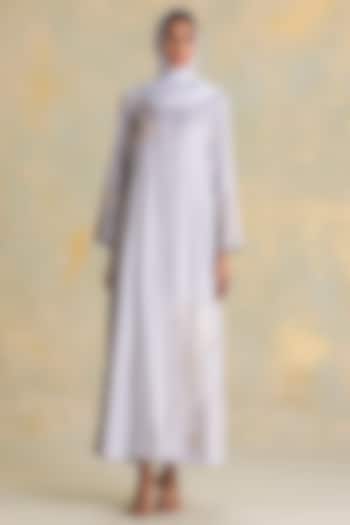 Smoke Colored Linen Blend Floral Thread Embroidered Abaya Jacket Cocktail Dress by Kaveri at Pernia's Pop Up Shop