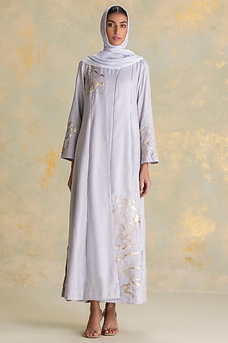 Smoke Colored Linen Blend Floral Thread Embroidered Abaya Jacket Dress by Kaveri