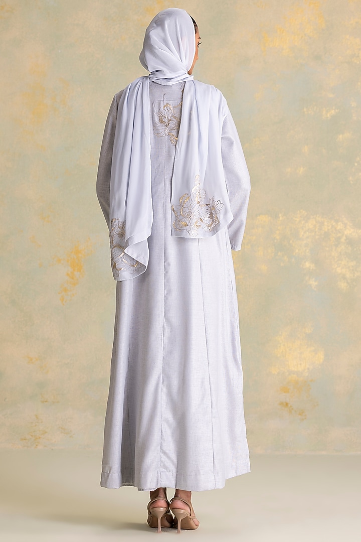 Smoke Colored Linen Blend Floral Thread Embroidered Abaya Jacket Cocktail Dress by Kaveri at Pernia's Pop Up Shop