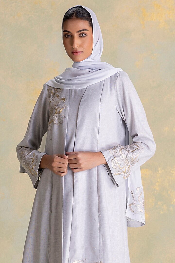 Smoke Colored Linen Blend Floral Thread Embroidered Abaya Jacket Cocktail Dress by Kaveri at Pernia's Pop Up Shop