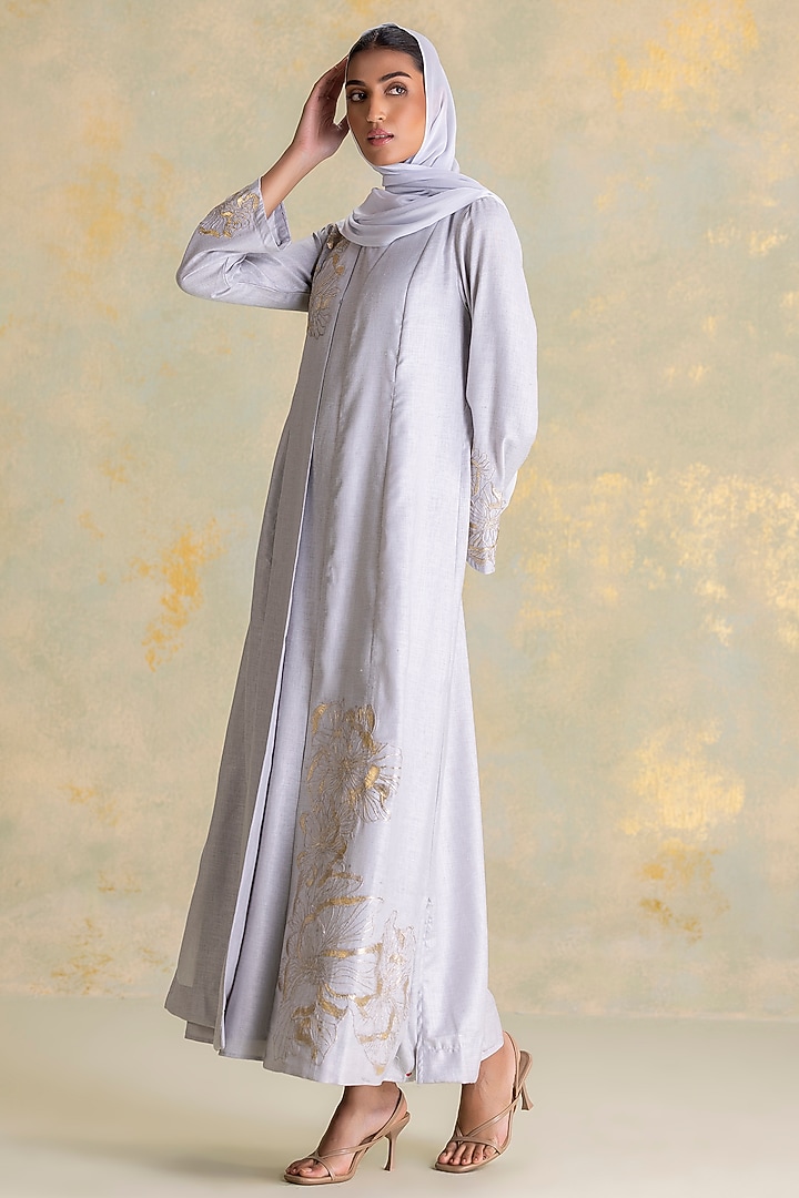 Smoke Colored Linen Blend Floral Thread Embroidered Abaya Jacket Cocktail Dress by Kaveri at Pernia's Pop Up Shop
