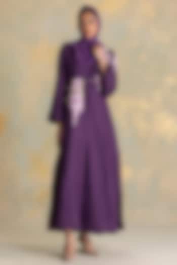 Aubergine Colored Linen Blend Floral Thread Embroidered Abaya Jacket Cocktail Dress by Kaveri at Pernia's Pop Up Shop