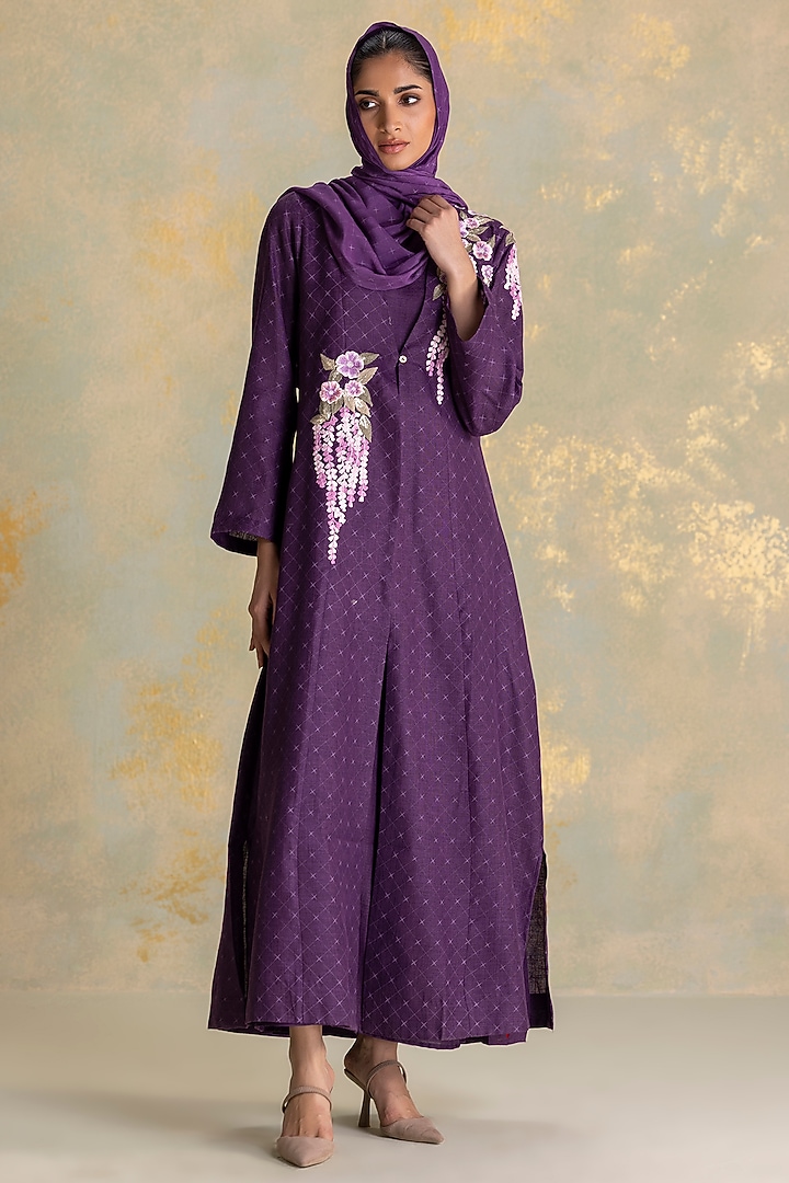 Aubergine Colored Linen Blend Floral Thread Embroidered Abaya Jacket Cocktail Dress by Kaveri at Pernia's Pop Up Shop