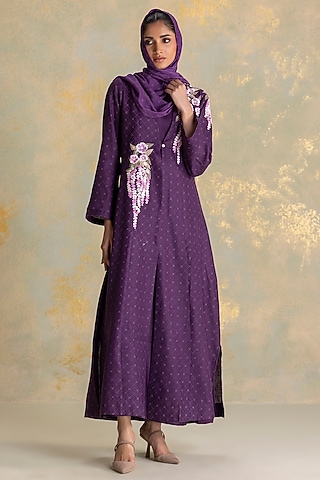 Aubergine Colored Linen Blend Floral Thread Embroidered Abaya Jacket Dress by Kaveri