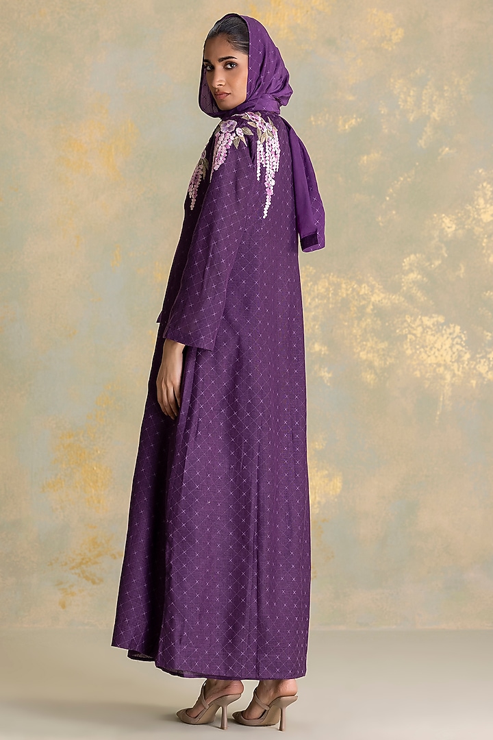 Aubergine Colored Linen Blend Floral Thread Embroidered Abaya Jacket Cocktail Dress by Kaveri at Pernia's Pop Up Shop