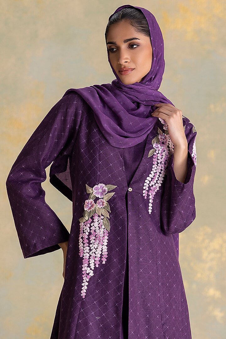 Aubergine Colored Linen Blend Floral Thread Embroidered Abaya Jacket Cocktail Dress by Kaveri at Pernia's Pop Up Shop
