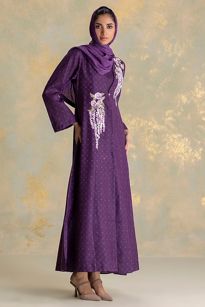Aubergine Colored Linen Blend Floral Thread Embroidered Abaya Jacket Cocktail Dress by Kaveri at Pernia's Pop Up Shop