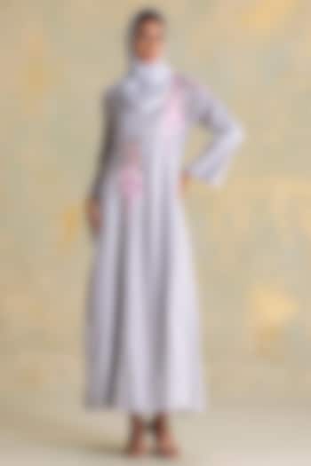 Smoke Colored Linen Blend Floral Thread Embroidered Abaya Jacket Cocktail Dress by Kaveri at Pernia's Pop Up Shop