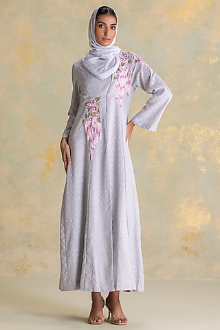 Smoke Colored Linen Blend Floral Thread Embroidered Abaya Jacket Dress by Kaveri