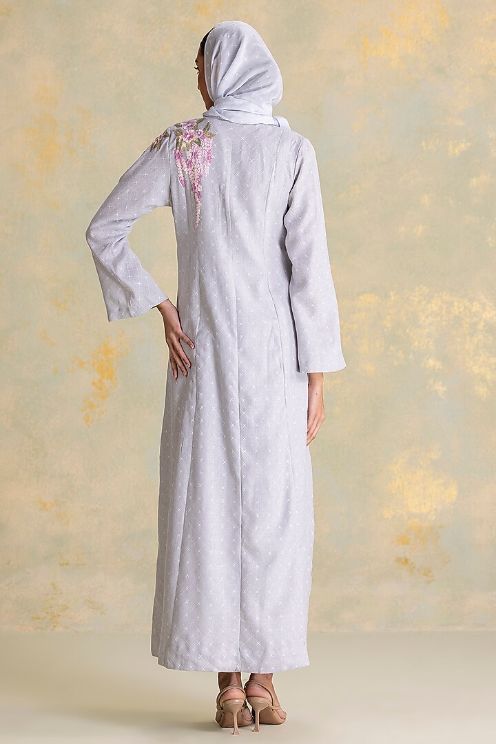Smoke Colored Linen Blend Floral Thread Embroidered Abaya Jacket Cocktail Dress by Kaveri at Pernia's Pop Up Shop