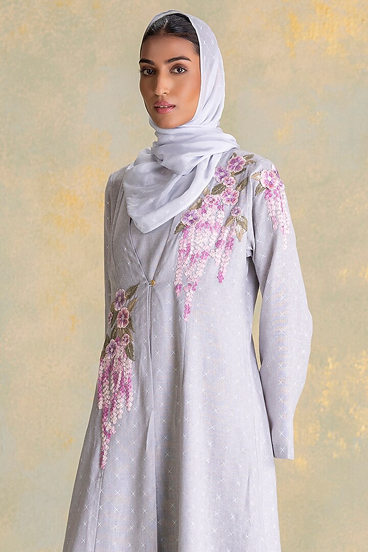 Smoke Colored Linen Blend Floral Thread Embroidered Abaya Jacket Cocktail Dress by Kaveri at Pernia's Pop Up Shop
