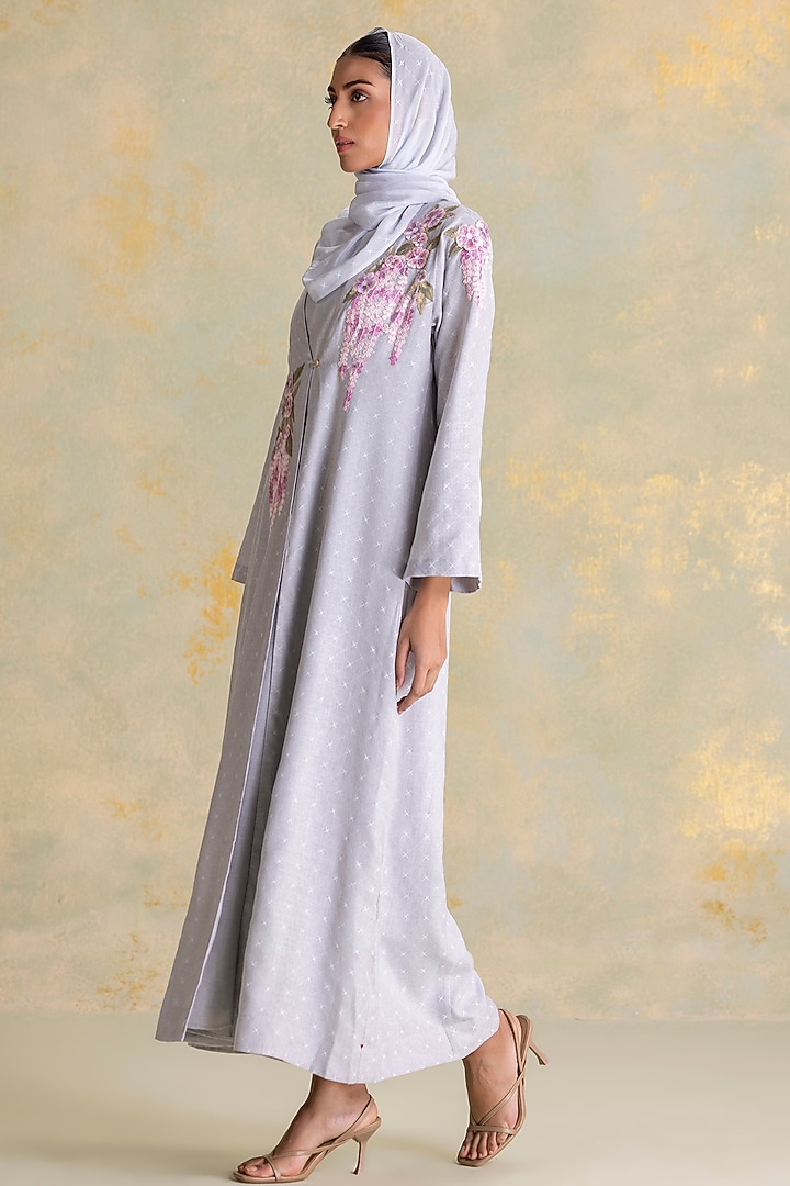Smoke Colored Linen Blend Floral Thread Embroidered Abaya Jacket Cocktail Dress by Kaveri at Pernia's Pop Up Shop