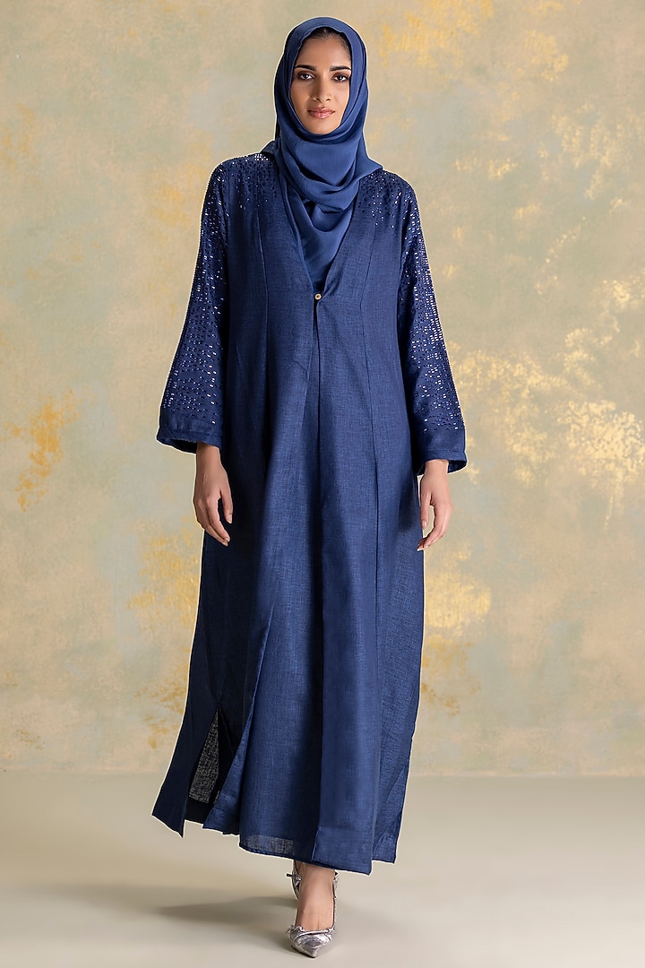 Navy Linen Floral Embellished Abaya Jacket Cocktail Dress by Kaveri at Pernia's Pop Up Shop