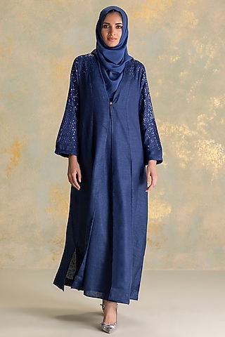 Navy Linen Floral Embellished Abaya Jacket Dress by Kaveri