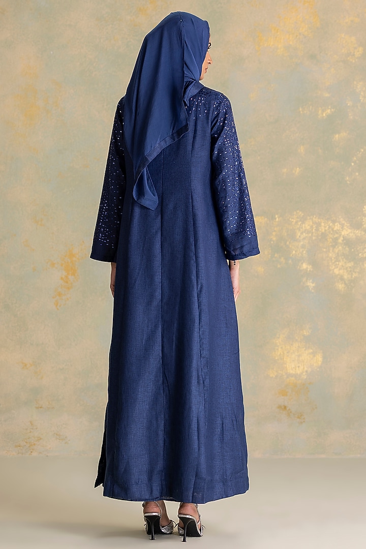 Navy Linen Floral Embellished Abaya Jacket Cocktail Dress by Kaveri at Pernia's Pop Up Shop