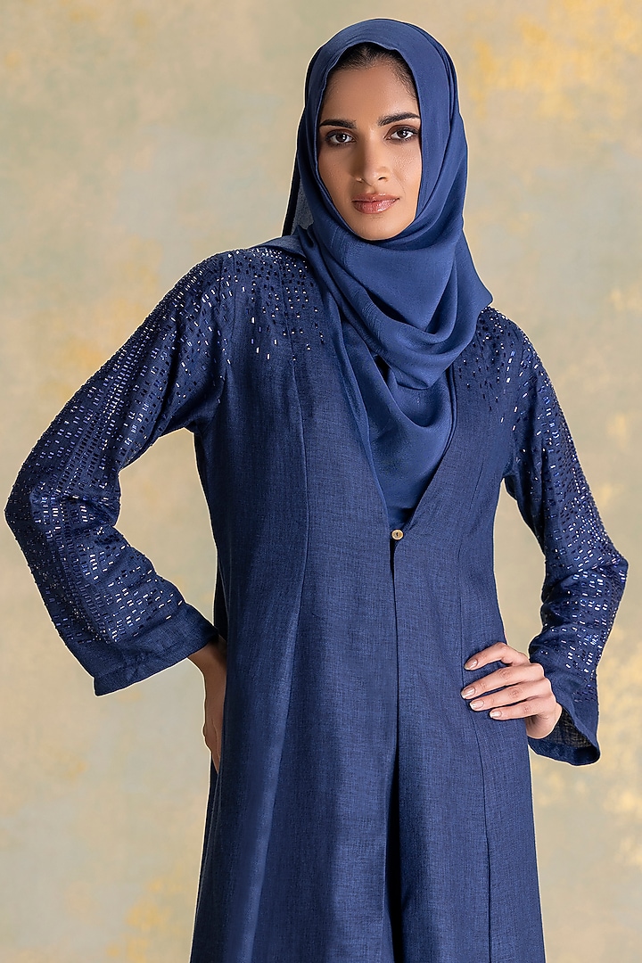 Navy Linen Floral Embellished Abaya Jacket Cocktail Dress by Kaveri at Pernia's Pop Up Shop