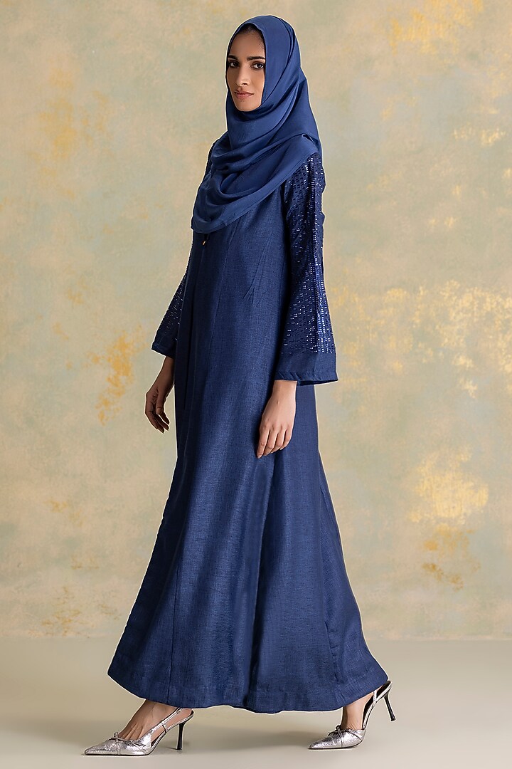 Navy Linen Floral Embellished Abaya Jacket Cocktail Dress by Kaveri at Pernia's Pop Up Shop
