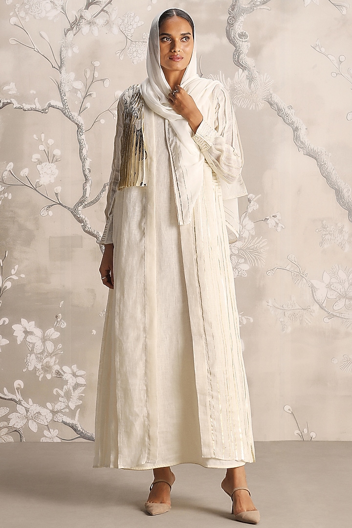 Off-White Linen Floral Printed Abaya Jacket With Vacation Dress by Kaveri at Pernia's Pop Up Shop