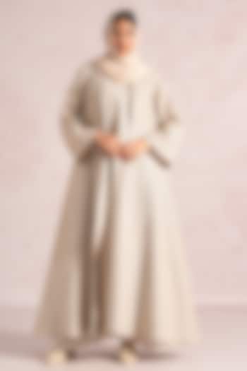 Natural Beige Linen Blend Printed & Sequins Embroidered Asymmetrical Abaya Jacket Cocktail Dress by Kaveri at Pernia's Pop Up Shop