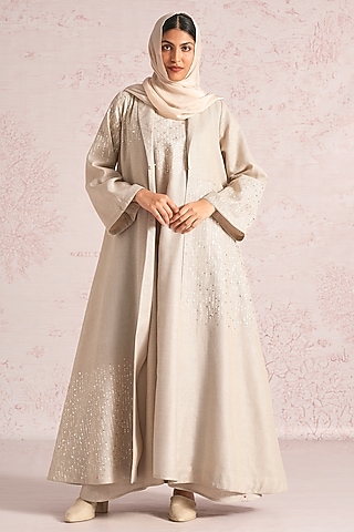 Natural Beige Linen Blend Printed & Sequins Embroidered Asymmetrical Abaya Jacket Dress by Kaveri