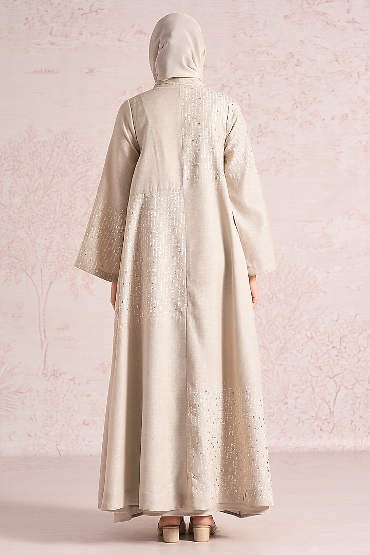 Natural Beige Linen Blend Printed & Sequins Embroidered Asymmetrical Abaya Jacket Cocktail Dress by Kaveri at Pernia's Pop Up Shop