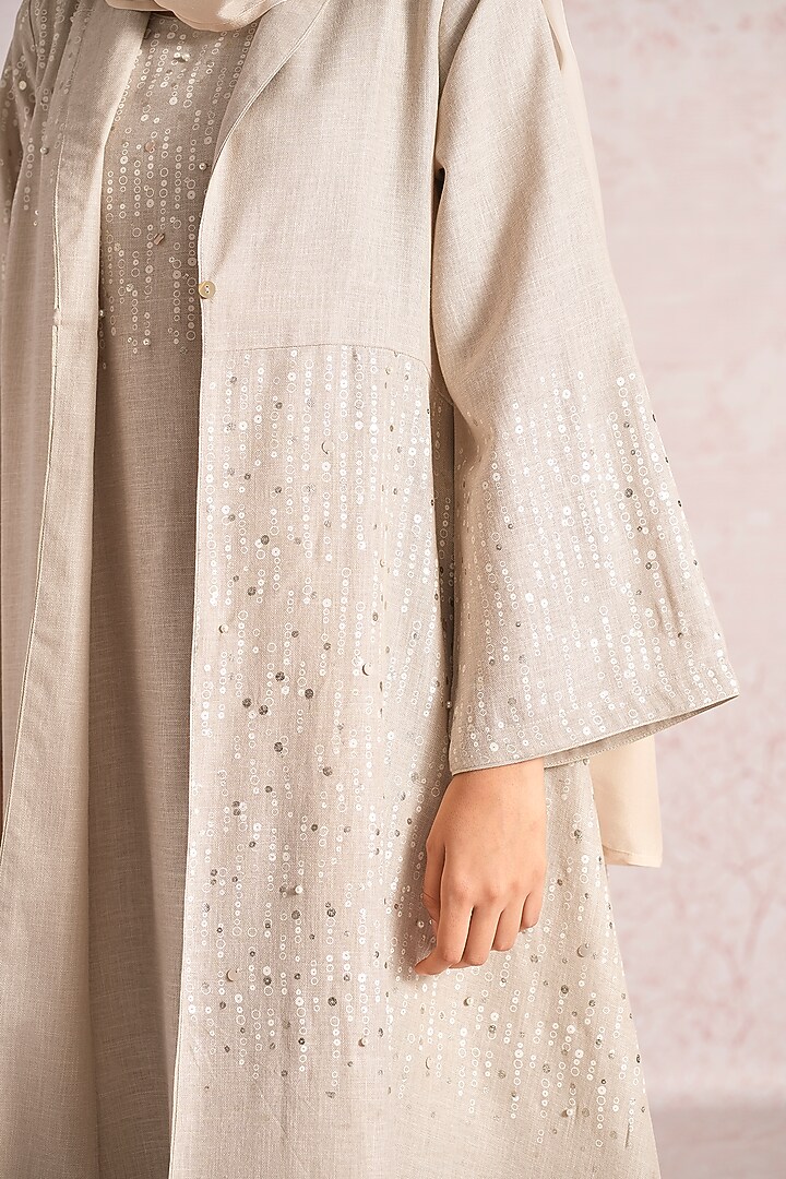 Natural Beige Linen Blend Printed & Sequins Embroidered Asymmetrical Abaya Jacket Cocktail Dress by Kaveri at Pernia's Pop Up Shop