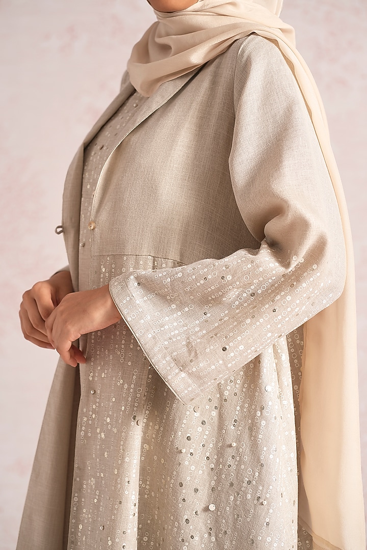 Natural Beige Linen Blend Printed & Sequins Embroidered Asymmetrical Abaya Jacket Cocktail Dress by Kaveri at Pernia's Pop Up Shop