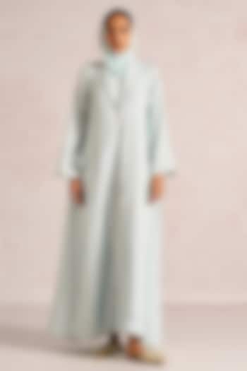 Ice Blue Linen Blend Printed & Sequins Embroidered Asymmetrical Abaya Jacket Cocktail Dress by Kaveri at Pernia's Pop Up Shop