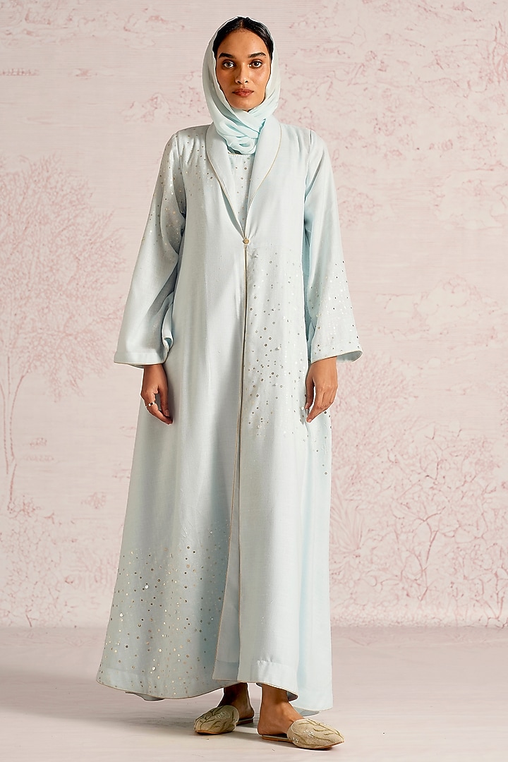 Ice Blue Linen Blend Printed & Sequins Embroidered Asymmetrical Abaya Jacket Cocktail Dress by Kaveri at Pernia's Pop Up Shop