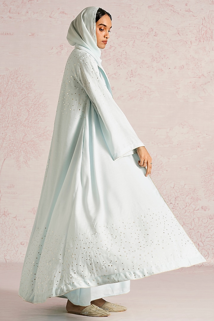 Ice Blue Linen Blend Printed & Sequins Embroidered Asymmetrical Abaya Jacket Cocktail Dress by Kaveri at Pernia's Pop Up Shop