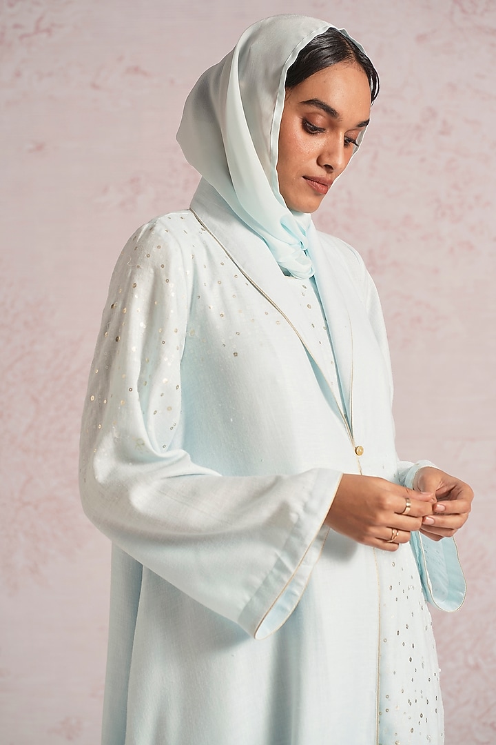Ice Blue Linen Blend Printed & Sequins Embroidered Asymmetrical Abaya Jacket Cocktail Dress by Kaveri at Pernia's Pop Up Shop