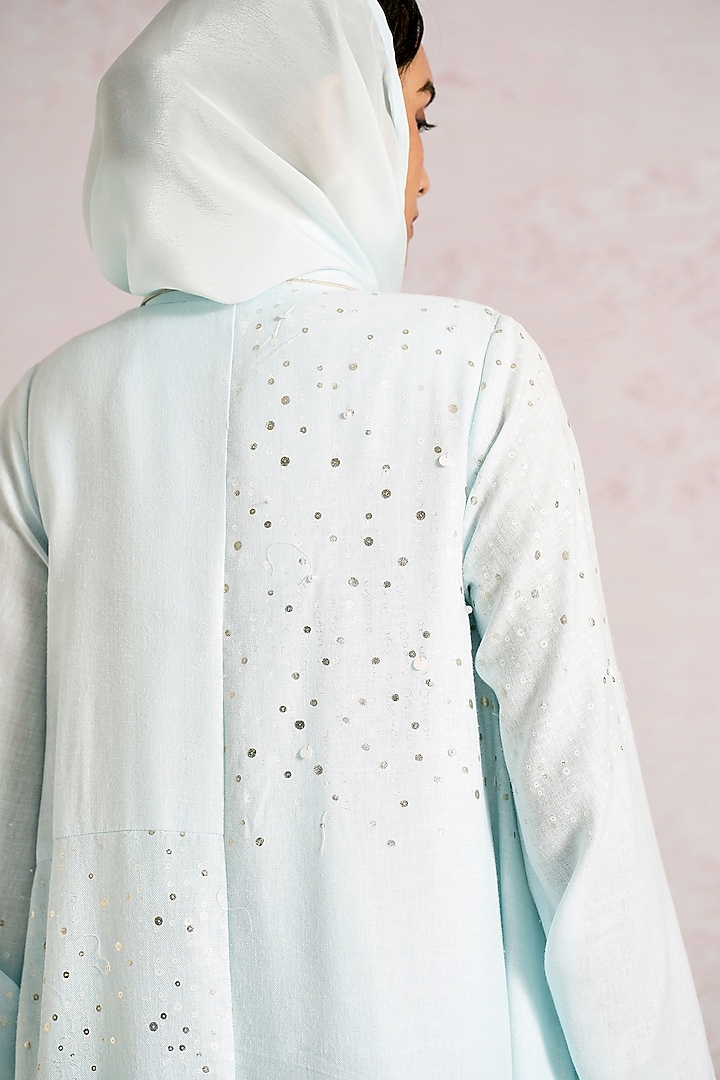 Ice Blue Linen Blend Printed & Sequins Embroidered Asymmetrical Abaya Jacket Cocktail Dress by Kaveri at Pernia's Pop Up Shop