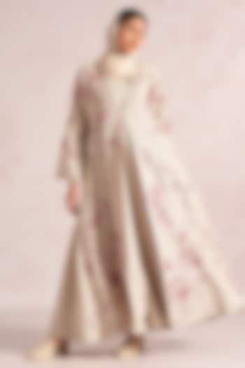 Natural Beige Linen Blend Printed & Sequins Embroidered Asymmetrical Abaya Jacket Cocktail Dress by Kaveri at Pernia's Pop Up Shop