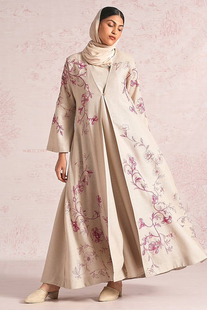 Natural Beige Linen Blend Printed & Sequins Embroidered Asymmetrical Abaya Jacket Cocktail Dress by Kaveri at Pernia's Pop Up Shop