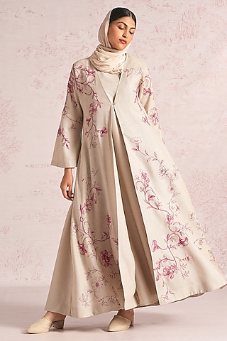 Natural Beige Linen Blend Printed & Sequins Embroidered Asymmetrical Abaya Jacket Dress by Kaveri