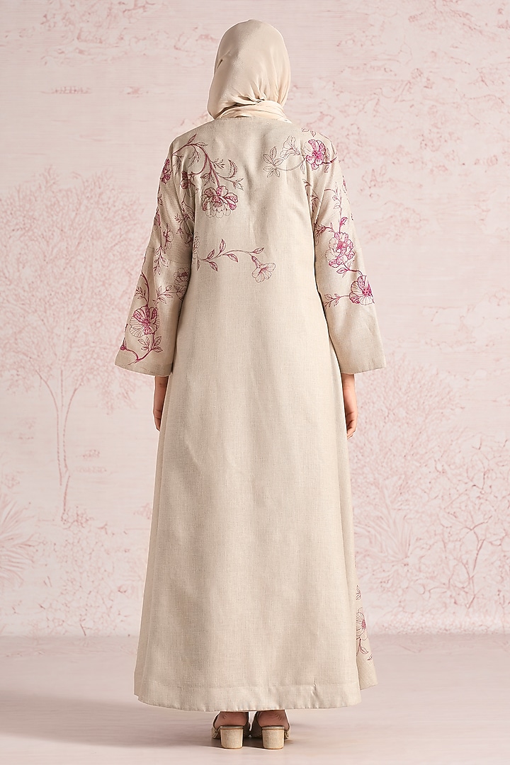 Natural Beige Linen Blend Printed & Sequins Embroidered Asymmetrical Abaya Jacket Cocktail Dress by Kaveri at Pernia's Pop Up Shop