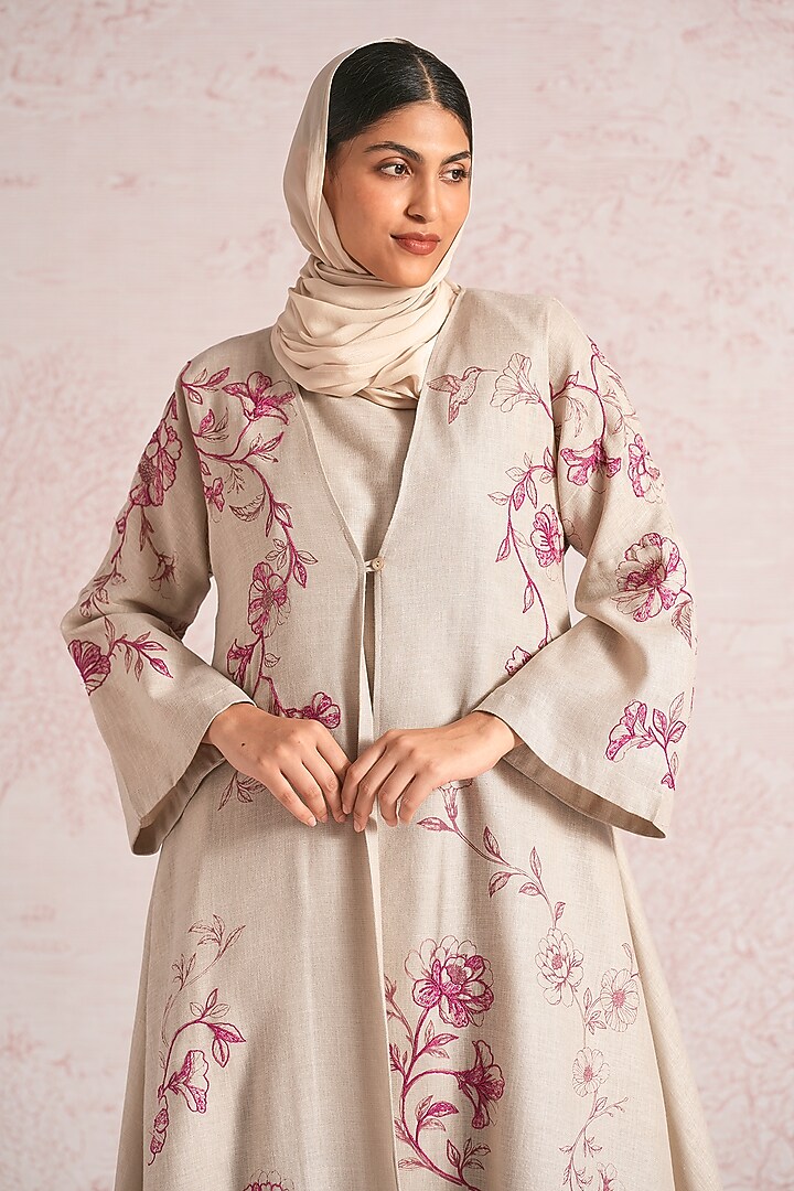 Natural Beige Linen Blend Printed & Sequins Embroidered Asymmetrical Abaya Jacket Cocktail Dress by Kaveri at Pernia's Pop Up Shop