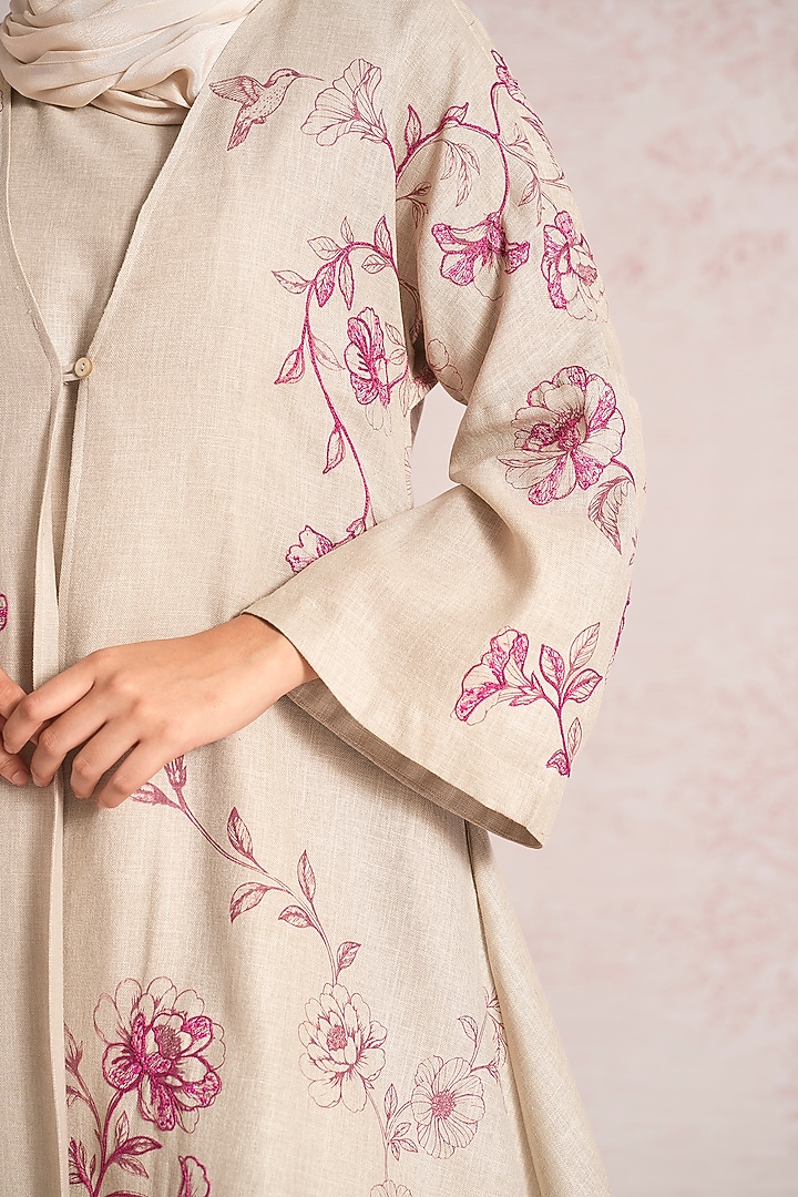 Natural Beige Linen Blend Printed & Sequins Embroidered Asymmetrical Abaya Jacket Cocktail Dress by Kaveri at Pernia's Pop Up Shop