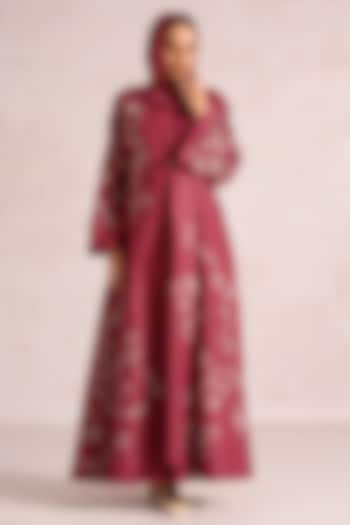 Merlot Linen Blend Floral Printed & Embroidered Abaya Jacket With Cocktail Dress by Kaveri at Pernia's Pop Up Shop