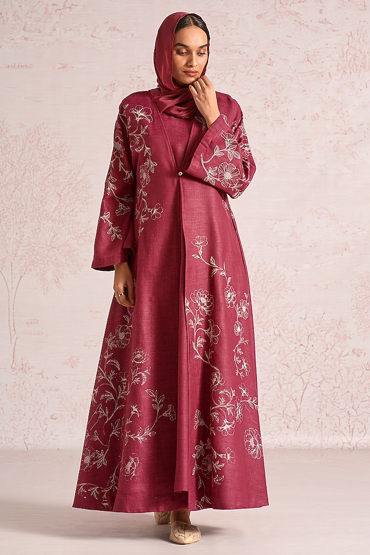 Merlot Linen Blend Floral Printed & Embroidered Abaya Jacket With Cocktail Dress by Kaveri at Pernia's Pop Up Shop