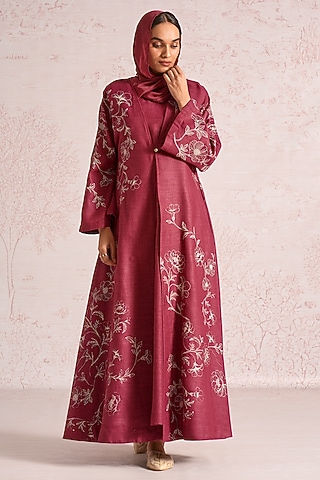 Merlot Linen Blend Floral Printed & Embroidered Abaya Jacket With Dress by Kaveri
