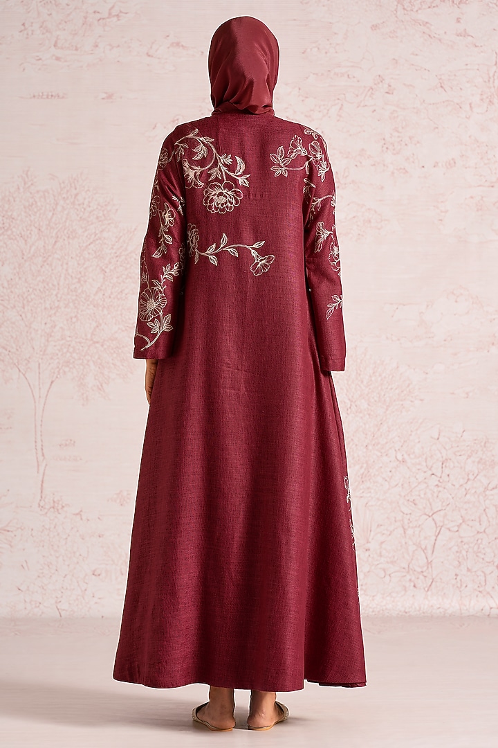 Merlot Linen Blend Floral Printed & Embroidered Abaya Jacket With Cocktail Dress by Kaveri at Pernia's Pop Up Shop