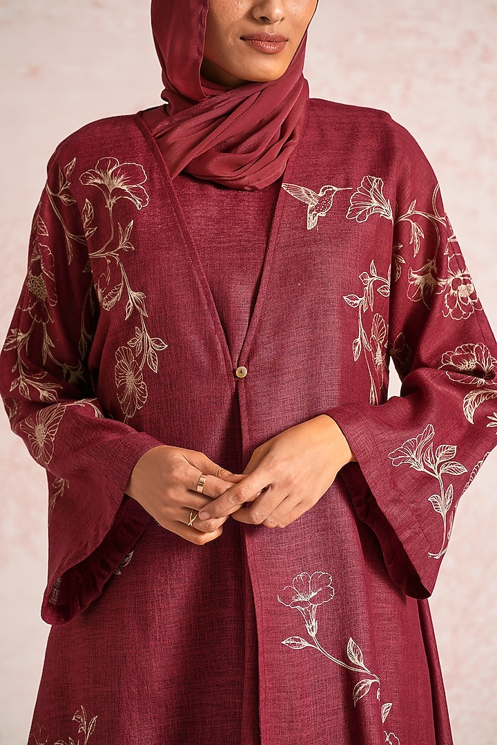 Merlot Linen Blend Floral Printed & Embroidered Abaya Jacket With Cocktail Dress by Kaveri at Pernia's Pop Up Shop