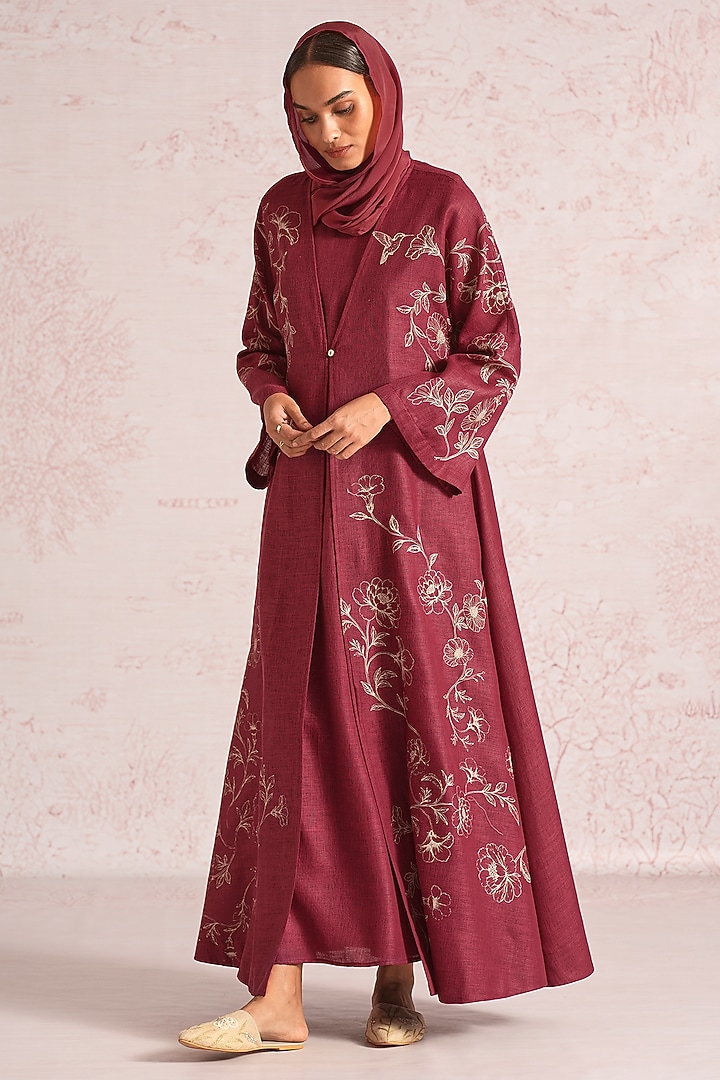 Merlot Linen Blend Floral Printed & Embroidered Abaya Jacket With Cocktail Dress by Kaveri at Pernia's Pop Up Shop
