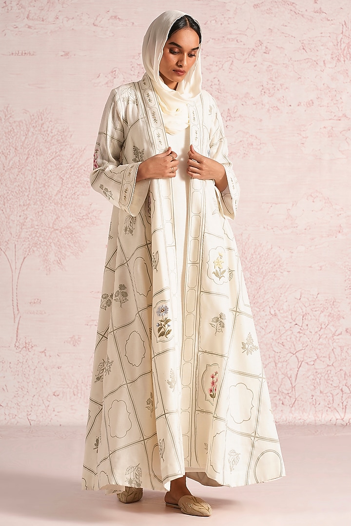 Off-White Linen Blend Floral Printed & Thread Work Abaya Jacket Cocktail Dress by Kaveri at Pernia's Pop Up Shop