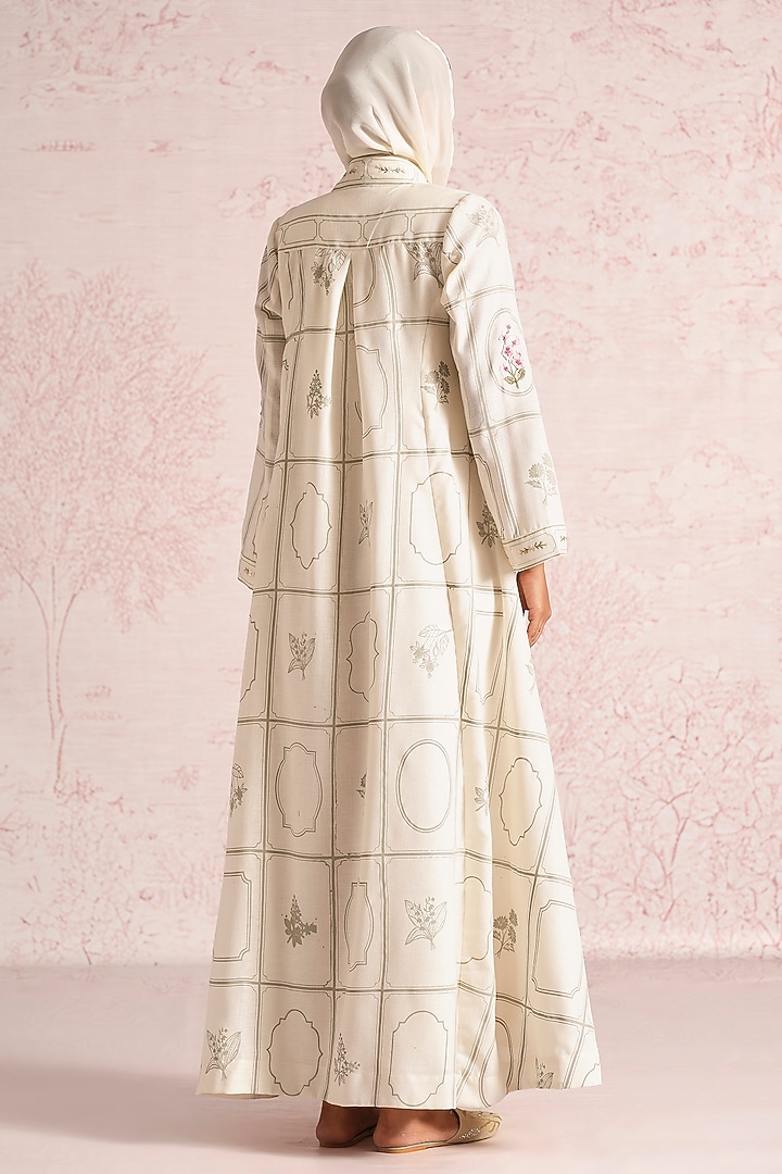 Off-White Linen Blend Floral Printed & Thread Work Abaya Jacket Cocktail Dress by Kaveri at Pernia's Pop Up Shop
