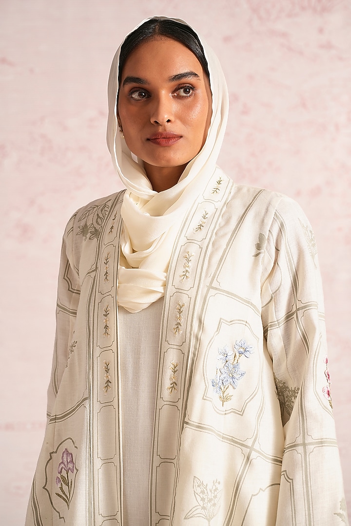 Off-White Linen Blend Floral Printed & Thread Work Abaya Jacket Cocktail Dress by Kaveri at Pernia's Pop Up Shop